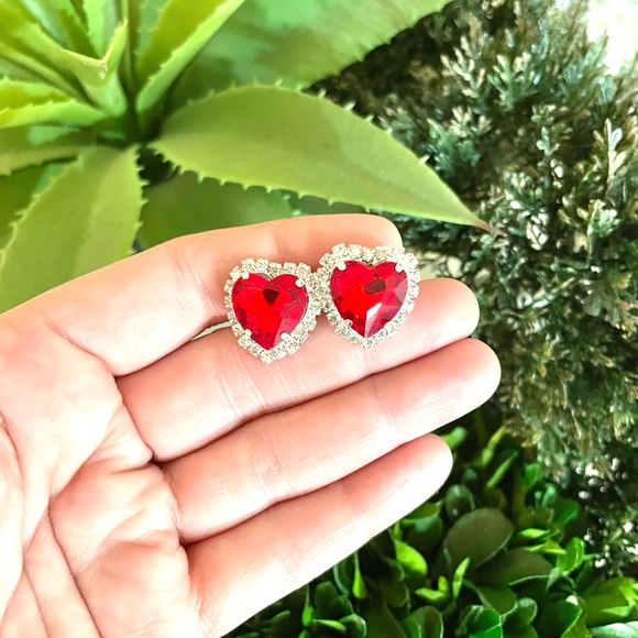 Cubic Zirconia Red Heart Stud Earrings - Picture 5 of 5